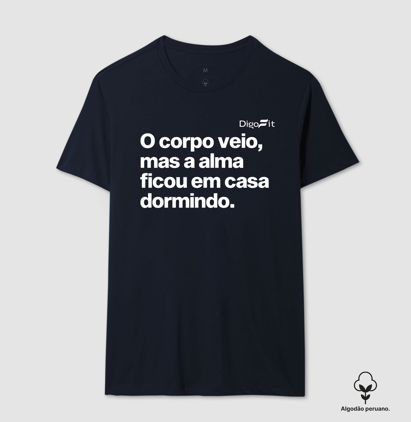 CAMISETA ALGODÃO PERUANO ACADEMIA O CORPO VEIO MAS A ALMA FICOU EM CASA