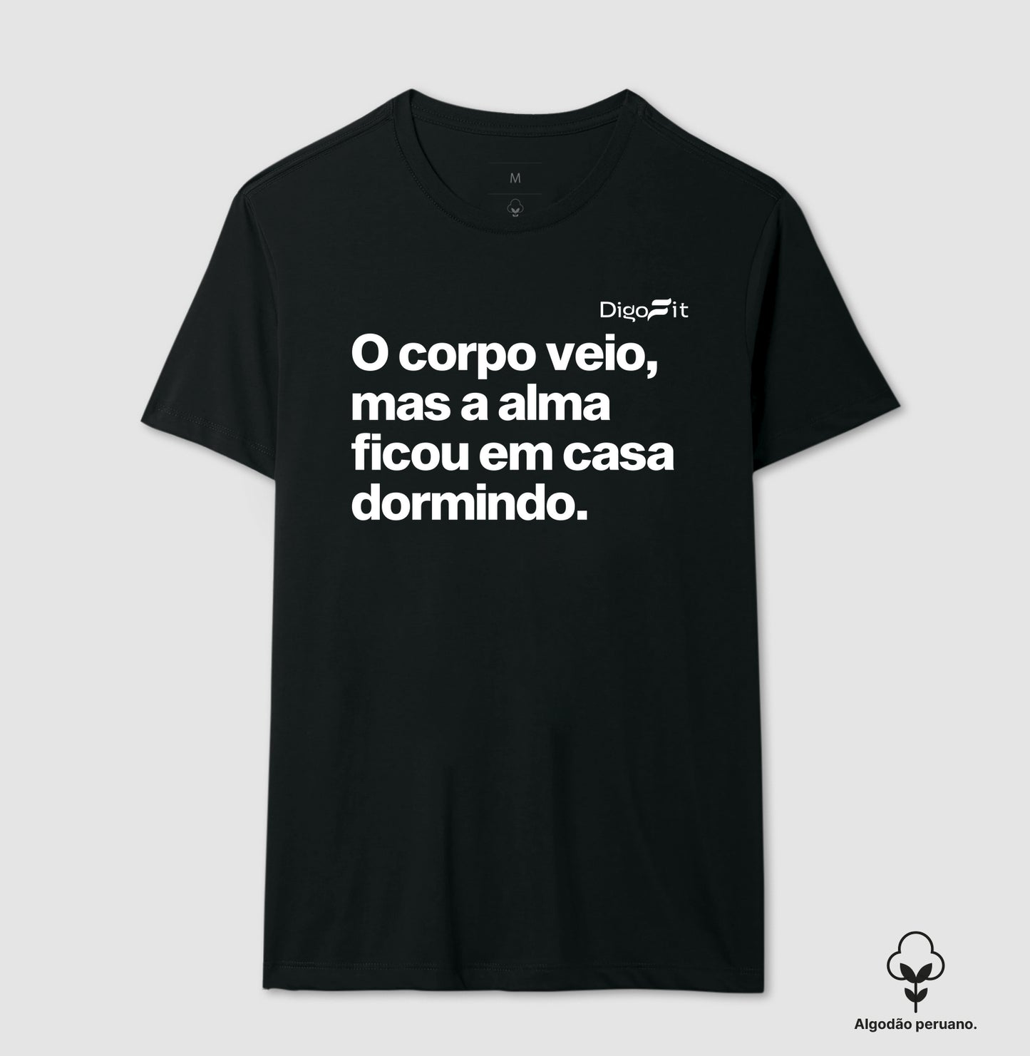 CAMISETA ALGODÃO PERUANO ACADEMIA O CORPO VEIO MAS A ALMA FICOU EM CASA